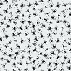 seamless background. spiders and flies. hand-drawn black and white illustration.