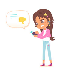 Bad comment in social media, negative online review feedback and kid holding phone