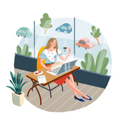 Girl doing freelance work at cafe. Young woman working with computer on desk online vector illustration. Modern lifestyle scene, remote business workplace with coffee and view from window