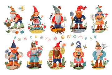 Garden gnome set. Funny little dwarfs statues vector illustration. Collection of men and girls midgets with flowers, watering can, birds, lantern, equipment on white background