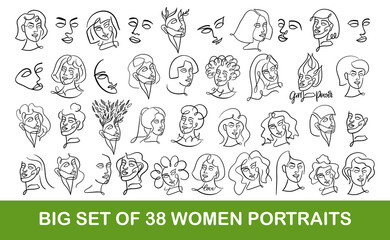 A big set of portraits with the faces and heads of women and girls drawn in one line.