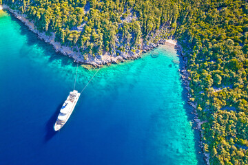 Aerial view of luxury large yacht anchored in turquoise bay of Mali Losinj island - obrazy, fototapety, plakaty