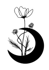 A mystical and magical poster with beautiful flower on the background of the moon and crescent
