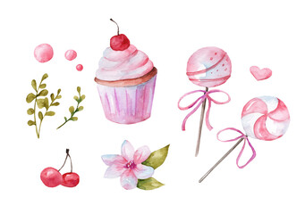 Set of watercolor illustrations. Sweets and flowers on a white background. Caramel, cupcake, cherries, pink flowers. Children's holiday