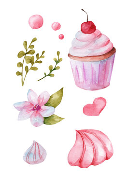 Set of watercolor illustrations. Sweets and flowers on a white background. Caramel, cupcake, cherries, pink flowers. Children's holiday