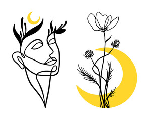 Set of a portrait with the face of a magical woman and a flower with the moon.