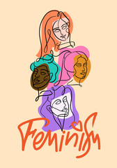 A poster about feminism with the heads and faces of women and girls drawn in a continuous one line