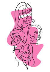 Vertical abstract portrait of women and girls drawn in continuous one line on pink spot background