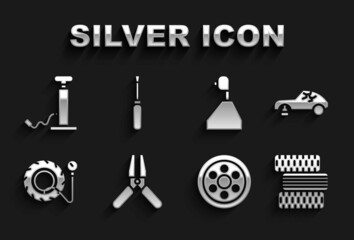 Fototapeta premium Set Car battery jumper power cable, Broken car, tire wheel, Alloy, Tire pressure gauge, Gear shifter, air pump and Screwdriver icon. Vector