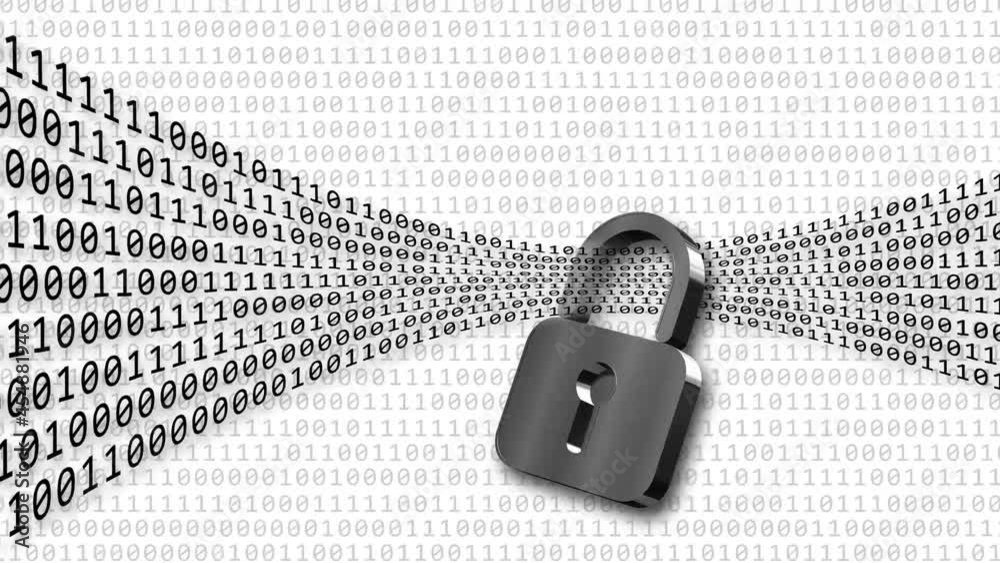 Poster digital data stream flows through closed padlock - movement series of random varying binary code dig