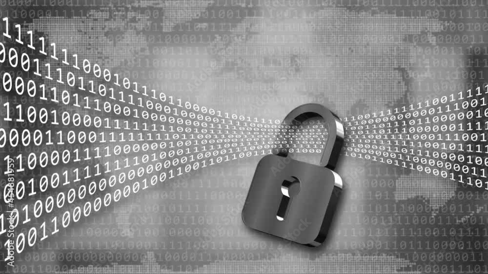 Poster digital data stream flows through closed padlock - movement series of random varying binary code dig