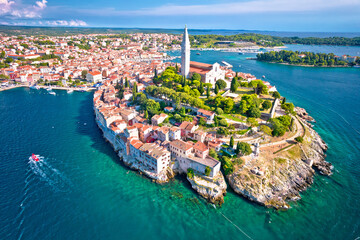 Town of Rovinj historic peninsula aerial view, famous tourist destination in Istria