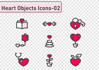 Heart objects filled line icon set isolated on transparency background ep02