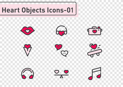 Heart objects filled line icon set isolated on transparency background ep01