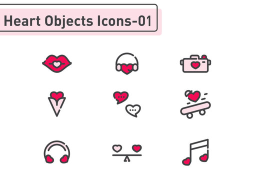 Heart objects filled line icon set isolated on white background ep01
