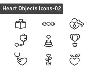 Heart objects outline icon set isolated on white background ep02