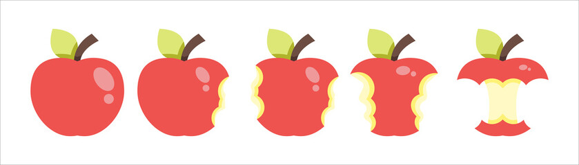 Set Of Various Flat Red Apple Bite Stage Illustration
