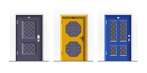 House entrances. Closed doors. Colored flat vector illustration isolated on white background