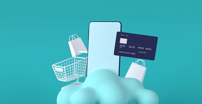 3D Online shopping concept, floating shopping items, online buying, online payment, trendy 3d illustration, 3d rendering.