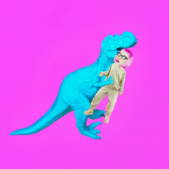Funny collage scene.   Comic Girl character .and dangerous dinosaur. Psychology, fears, competitors, phobias, risks. Social networks, promotion concept
