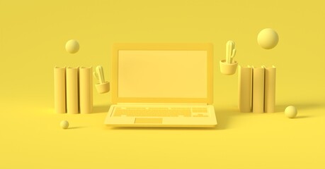 Yellow laptop mock-up with notebook, cactus, Mock-up for your text, 3d rendering.