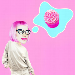 Stylish Comic Girl character Conceptual minimal collage. Unhealthy food, diet, eating disorders. Sweet, cake lover