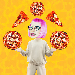 Stylish Comic Girl character Conceptual minimal collage. Unhealthy food, diet, eating disorders. Pizza addict