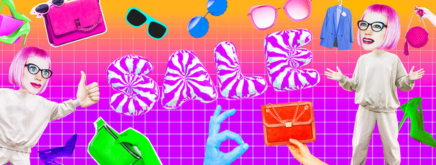 Stylish collage scene. Fashion Happy Comic Girl characters in sale clothing space. Ideal for fashion bloggers, Social networks, shop online,  promotion.