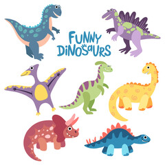 Collection of hand drawn flat vector dinosaurs. Dino set of triceratops, trex, pteranodon, stegosaurus, velociraptor, parasaurolophus, spinosaurus.