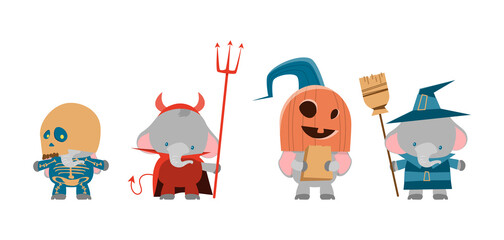 Naklejka premium Elephant disguised as a Halloween costume. Happy Halloween banner, Holiday, Decoration Horror Party. Disguised animals in cute cartoon Monsters. Set of elephants in halloween costume.