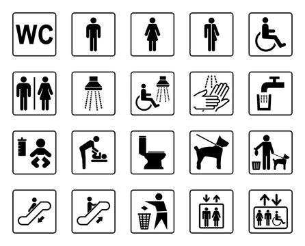 snvi47 SetNewVectorIllustration snvi - 20 modern wc icons . toilet vector set . bathroom sign . male or female restroom - elevator / clean after dog - simple flat transparent . AI10 / EPS10 . g10719