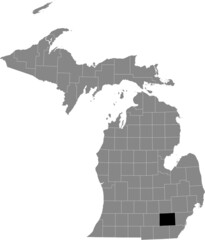Black highlighted location map of the Washtenaw County inside gray map of the Federal State of Michigan, USA