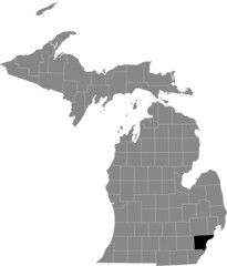 Black highlighted location map of the Wayne County inside gray map of the Federal State of Michigan, USA