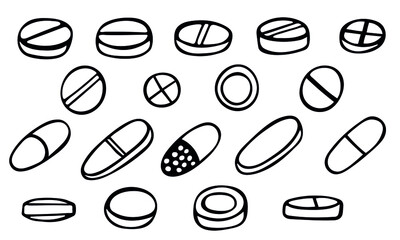 Vector sketch set of pills, capsule and vitamin isolated on white background. Hand drawn pills icon. Doodle medical illustration. For print, web, design, decor, logo. 