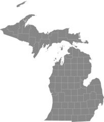 Gray vector map of the Federal State of Michigan, USA with white borders of its counties