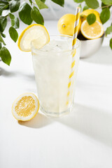 Detox fresh lemon juice of ripe lemons with ice in glass with ingredients in silver bowl, green branch in summer sunlight on white table, marble tile wall, vertical.