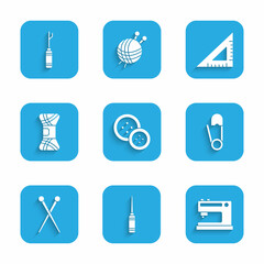 Set Sewing button, Awl tool, machine, Safety pin, Knitting needles, Yarn, Triangular ruler and icon. Vector