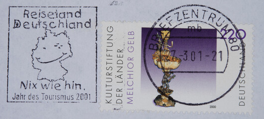 briefmarke stamp vintage retro gestempelt used frankiert cancel slogan werbung reiseland...