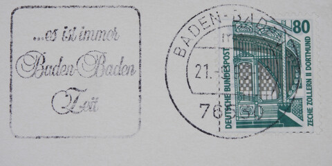 briefmarke stamp vintage retro gestempelt used frankiert cancel baden baden slogan werbung zeche zollern ii dortmund 80 grün green customs papier paper