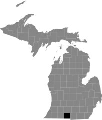 Black highlighted location map of the Branch County inside gray map of the Federal State of Michigan, USA