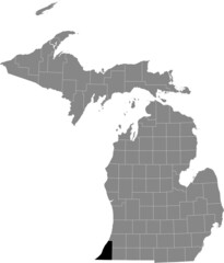 Black highlighted location map of the Berrien County inside gray map of the Federal State of Michigan, USA