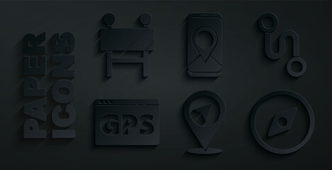 Set Location, Route location, Gps device with map, Compass, City navigation and Road barrier icon. Vector