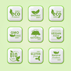 100% ECO Farm. Ecological leaves labels green icon. Pure organic fresh product label design. 3d icons. Bio, natural products, gmo free, vegan food. Concept web design, website page development. Set 