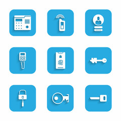 Set Mobile with fingerprint scan, Key, Old key, Lock picks for lock picking, Car remote, Create account screen and House intercom system icon. Vector