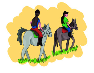 Colored vector illustration - girls and horses, horseriding