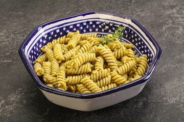 Italian pasta Fusilli with pesto