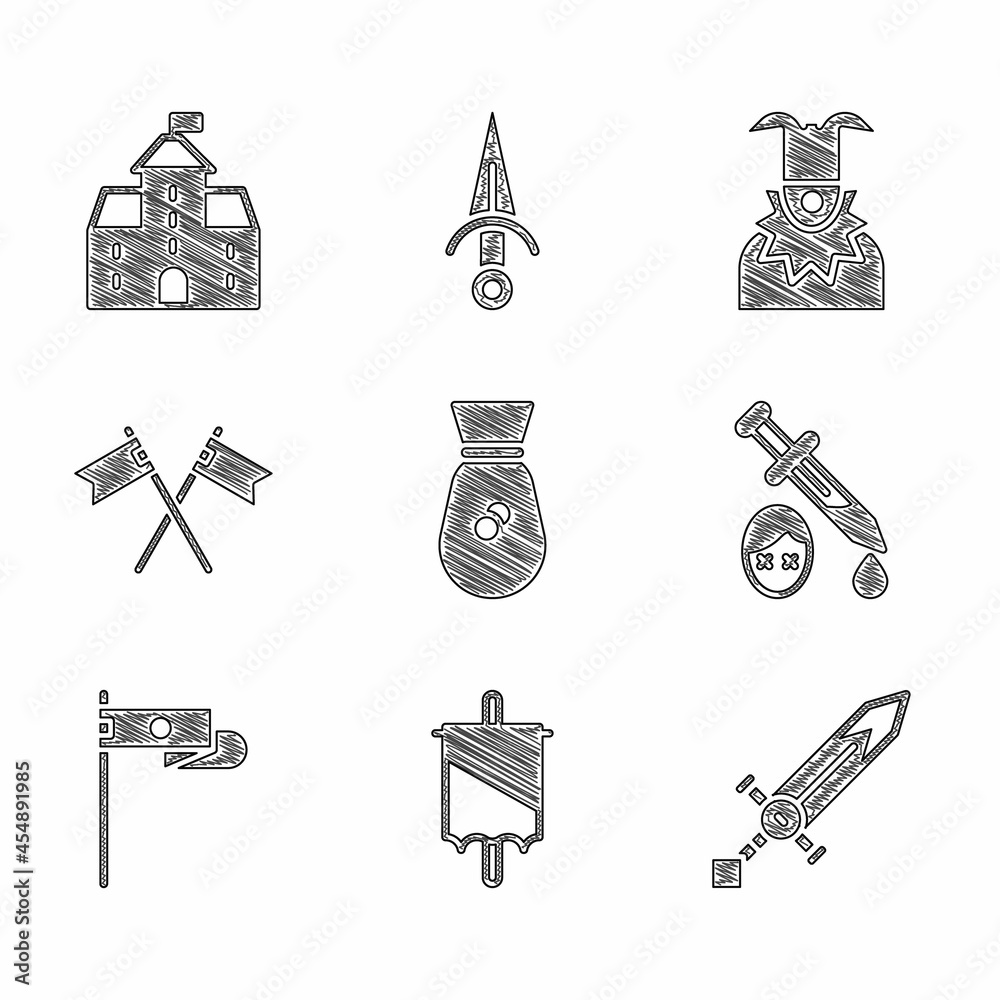 Poster set old money bag, medieval flag, sword, sword with blood, crossed medieval, joker head and castle, 