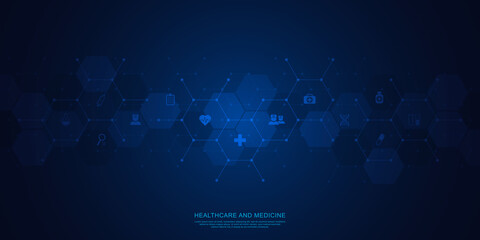 Vector illustration of healthcare and technology concept with flat icons and symbols. Template design for health care business, innovation medicine, pharmaceutical industry, science, medical research.