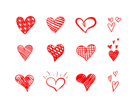Vector Doodle Hearts Set Isolated on White Background, Red Marker Drawings Collection, Love Symbols, Illustration Icons Set., Red Brush Strokes.
