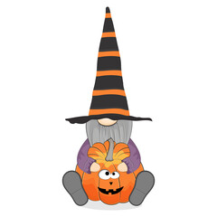 Funny halloween gnome with pumpkin. Vector illustration.